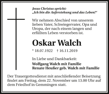 Traueranzeige von Oskar Walch 