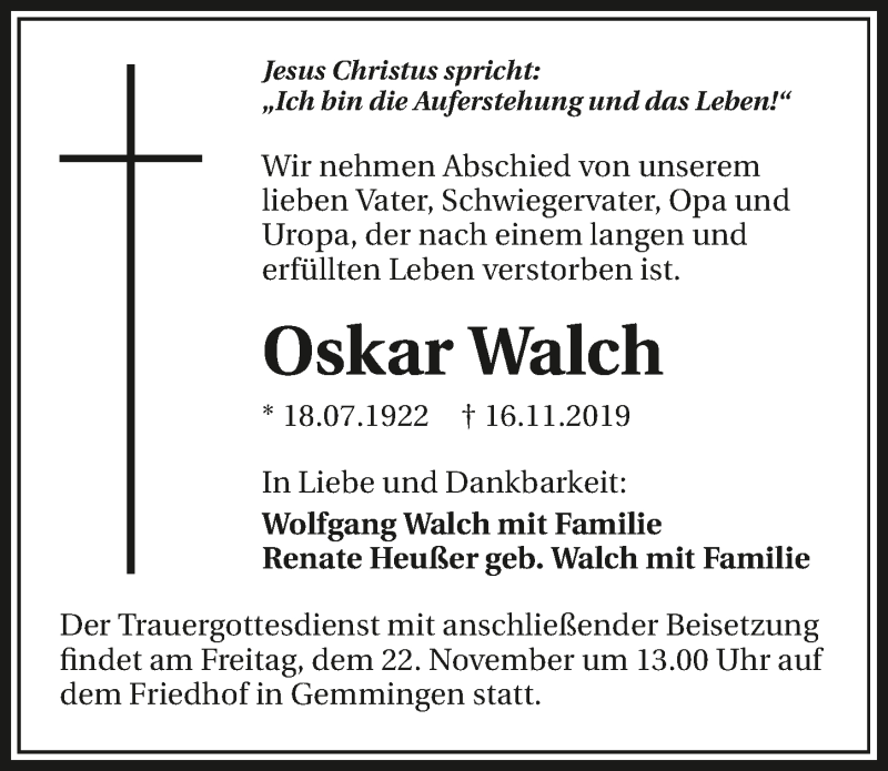  Traueranzeige für Oskar Walch vom 19.11.2019 aus 