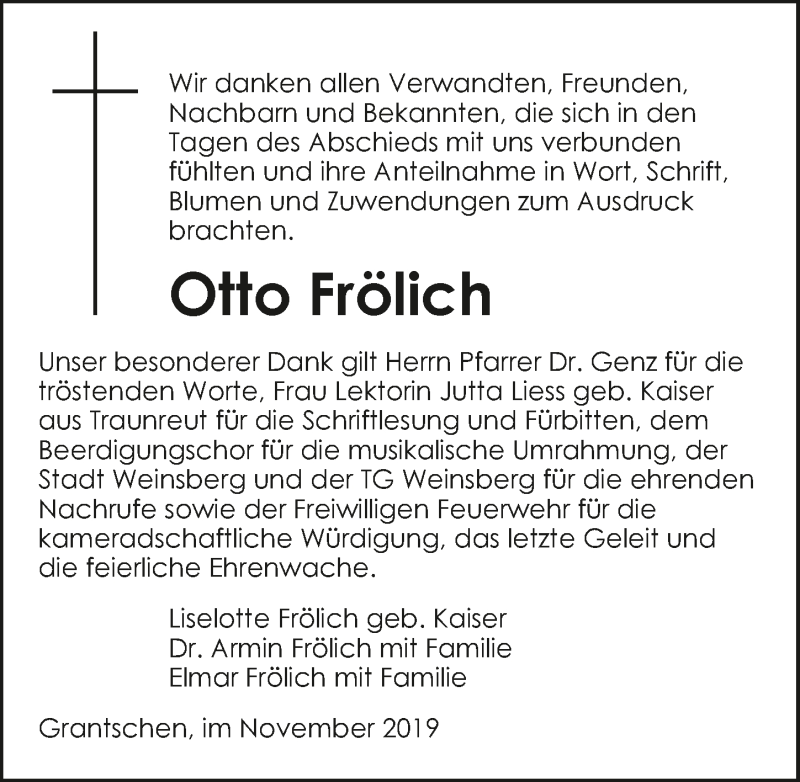  Traueranzeige für Otto Frölich vom 16.11.2019 aus 