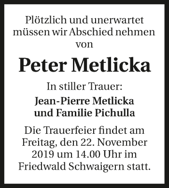 Traueranzeige von Peter Metlicka 