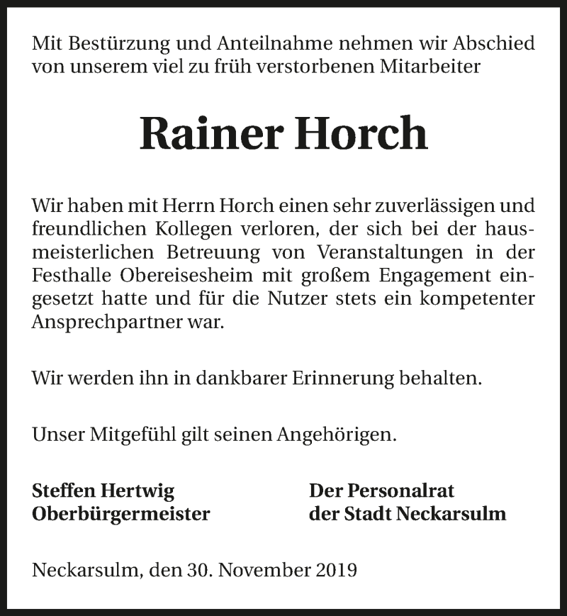  Traueranzeige für Rainer Horch vom 30.11.2019 aus 