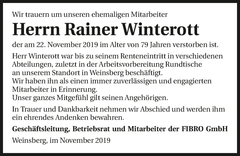  Traueranzeige für Rainer Winterott vom 28.11.2019 aus 
