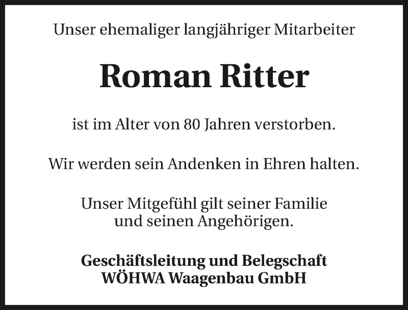  Traueranzeige für Roman Ritter vom 19.11.2019 aus 