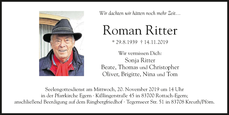  Traueranzeige für Roman Ritter vom 16.11.2019 aus 