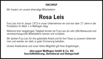 Traueranzeige von Rosa Leis 