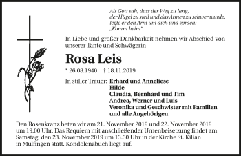 Traueranzeige von Rosa Leis 