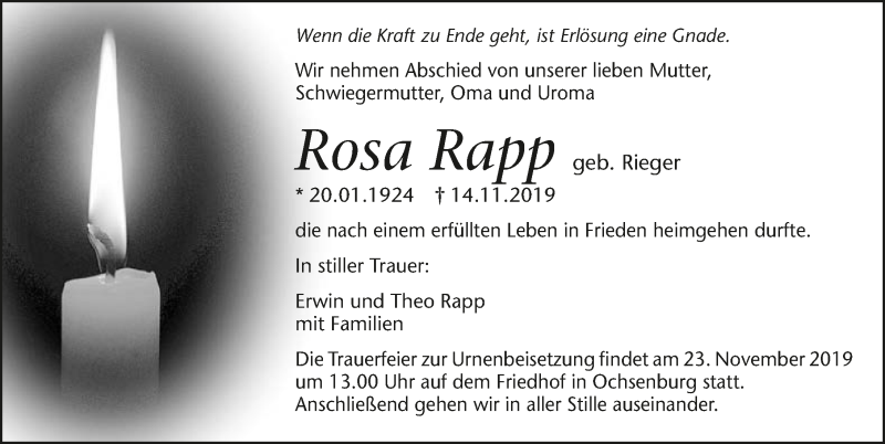  Traueranzeige für Rosa Rapp vom 19.11.2019 aus 