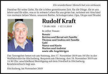Traueranzeige von Rudolf Kraft 