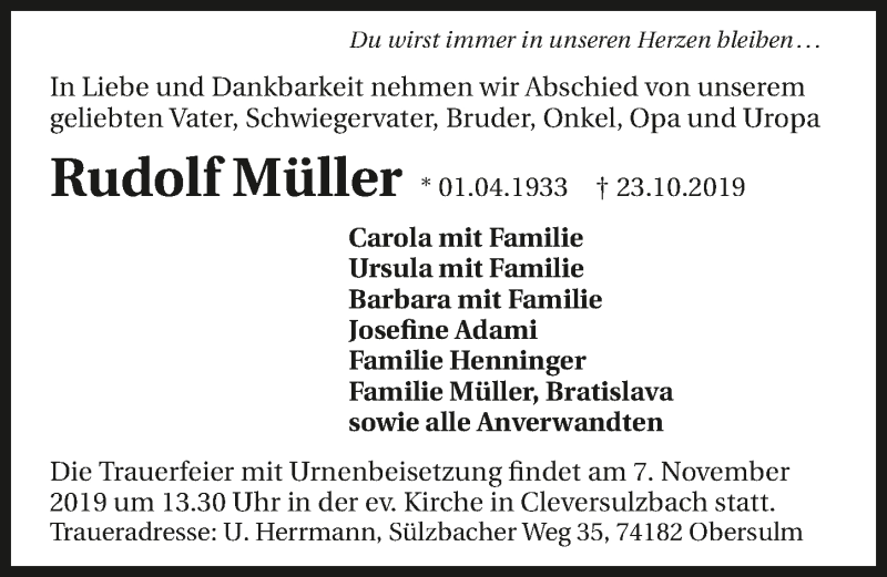  Traueranzeige für Rudolf Müller vom 04.11.2019 aus 