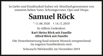 Traueranzeige von Samuel Röck 
