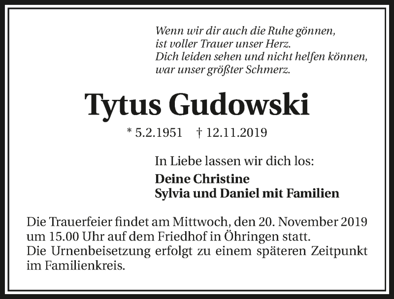  Traueranzeige für Tytus Gudowski vom 16.11.2019 aus 
