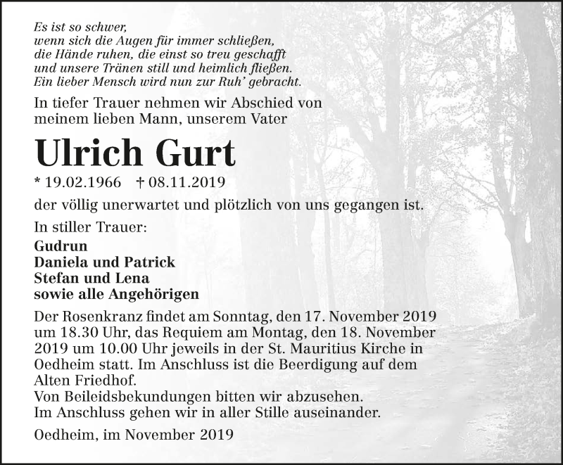  Traueranzeige für Ulrich Gurt vom 14.11.2019 aus 