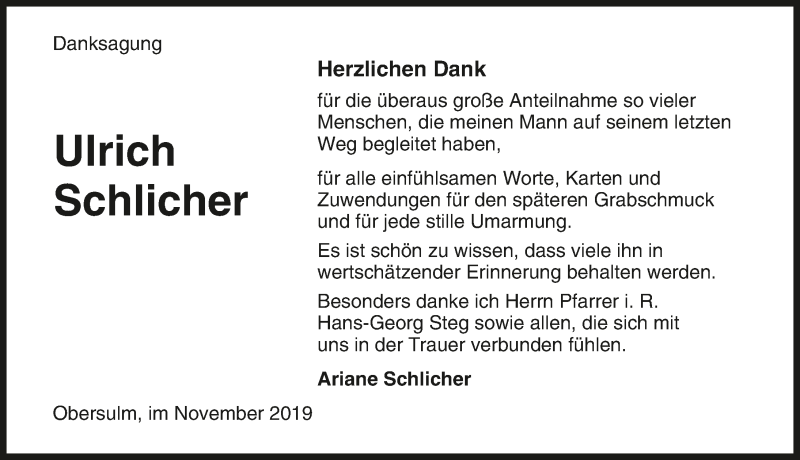  Traueranzeige für Ulrich Schlicher vom 09.11.2019 aus 
