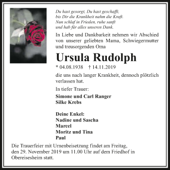 Traueranzeige von Ursula Rudolph 