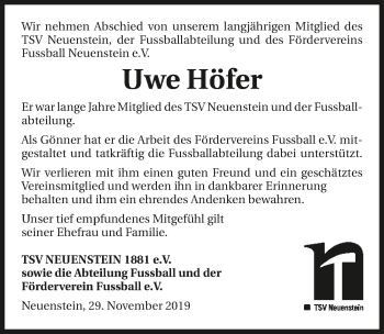 Traueranzeige von Uwe Höfer 