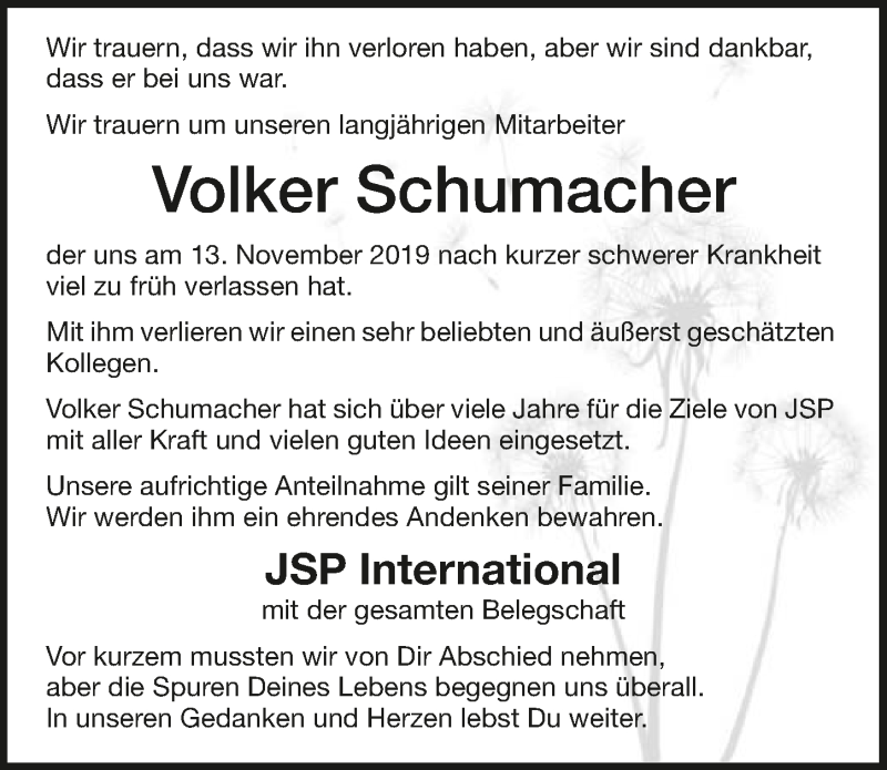  Traueranzeige für Volker Schumacher vom 30.11.2019 aus 