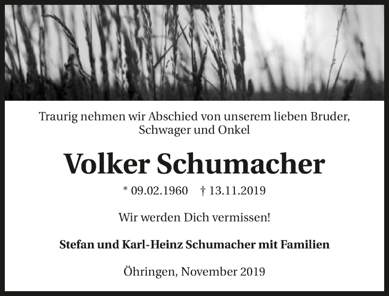  Traueranzeige für Volker Schumacher vom 30.11.2019 aus 