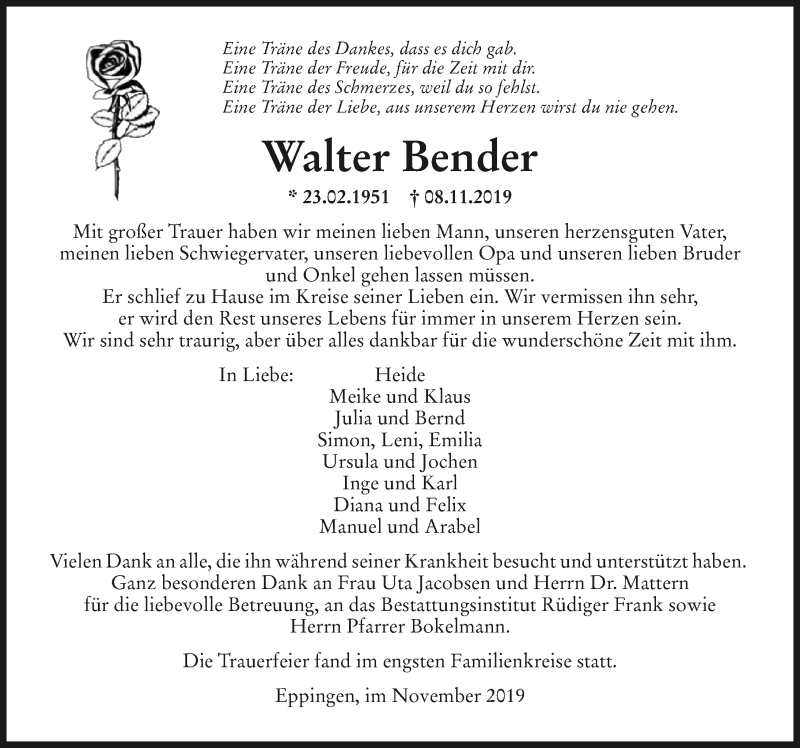  Traueranzeige für Walter Bender vom 22.11.2019 aus 
