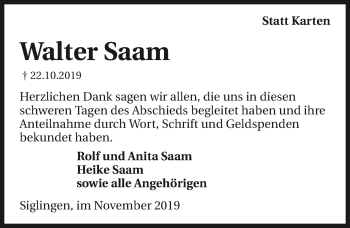 Traueranzeige von Walter Saam 