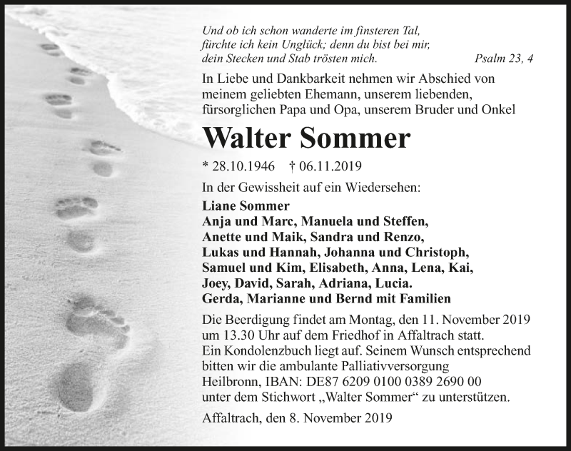  Traueranzeige für Walter Sommer vom 08.11.2019 aus 
