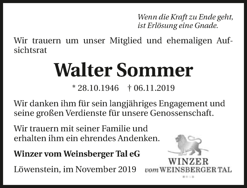  Traueranzeige für Walter Sommer vom 09.11.2019 aus 
