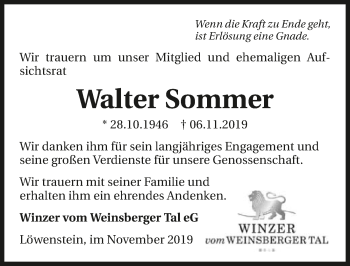 Traueranzeige von Walter Sommer 