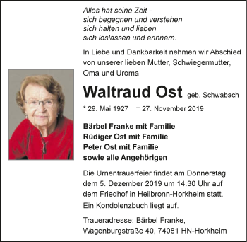Traueranzeige von Waltraud Ost 