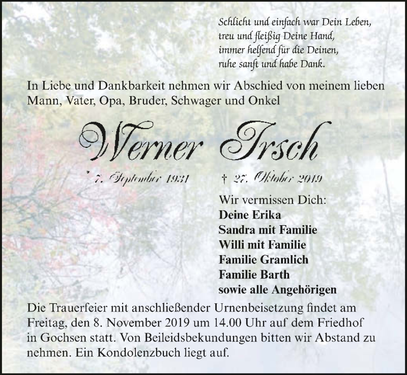  Traueranzeige für Werner Irsch vom 06.11.2019 aus 