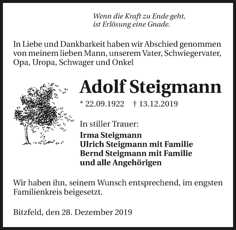  Traueranzeige für Adolf Steigmann vom 28.12.2019 aus 