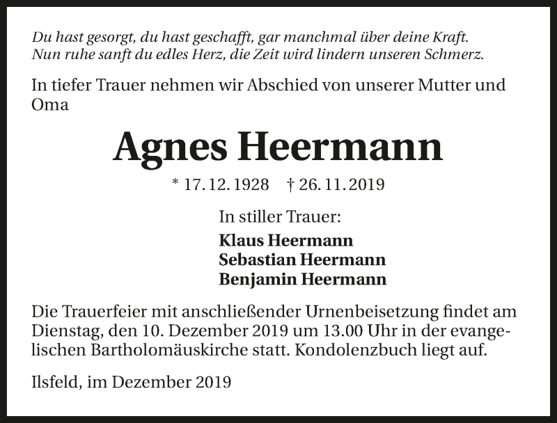  Traueranzeige für Agnes Heermann vom 07.12.2019 aus 