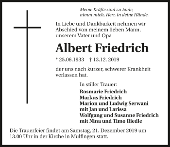 Traueranzeige von Albert Friedrich 