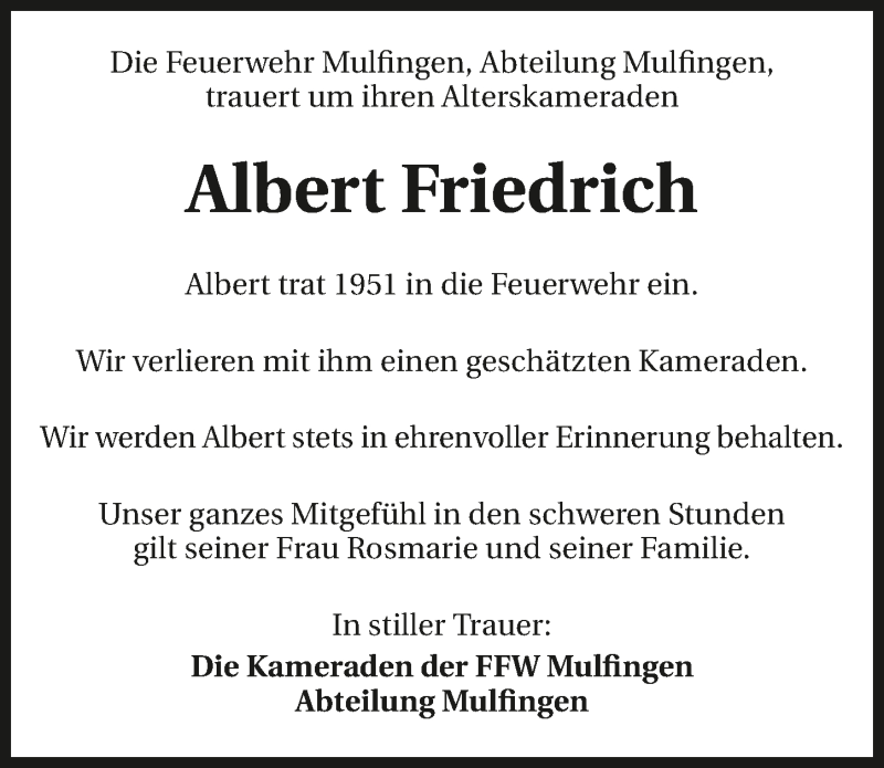  Traueranzeige für Albert Friedrich vom 21.12.2019 aus 