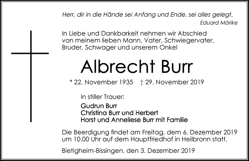  Traueranzeige für Albrecht Burr vom 03.12.2019 aus 