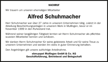 Traueranzeige von Alfred Schuhmacher 