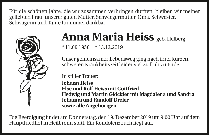  Traueranzeige für Anna Maria Heiss vom 17.12.2019 aus 