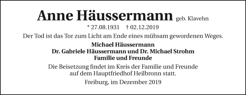  Traueranzeige für Anne Häussermann vom 14.12.2019 aus 