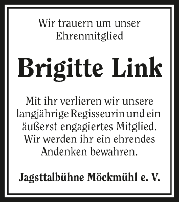 Traueranzeige von Brigitte Link 