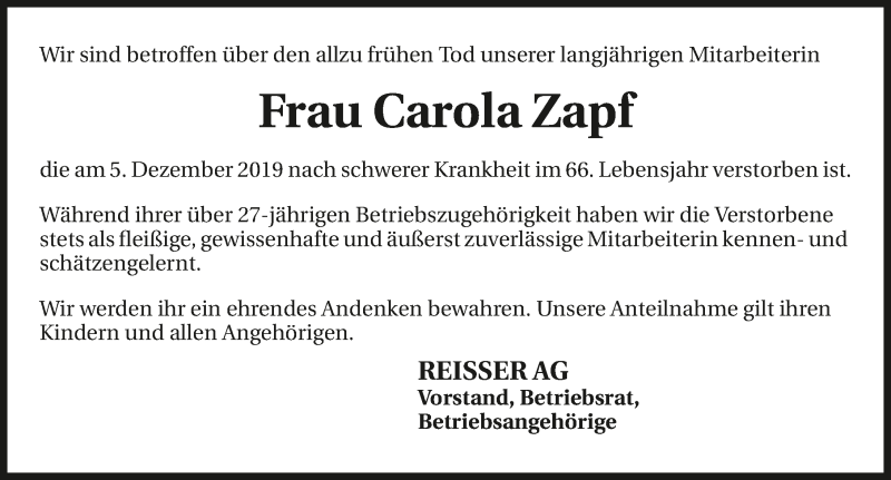  Traueranzeige für Carola Zapf vom 10.12.2019 aus 