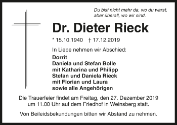 Traueranzeige von Dieter Rieck 