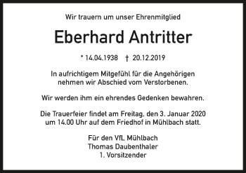 Traueranzeige von Eberhard Antritter 