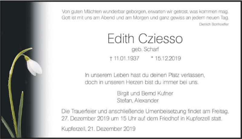  Traueranzeige für Edith Cziesso vom 21.12.2019 aus 