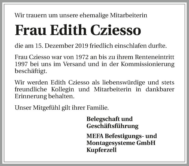  Traueranzeige für Edith Cziesso vom 21.12.2019 aus 
