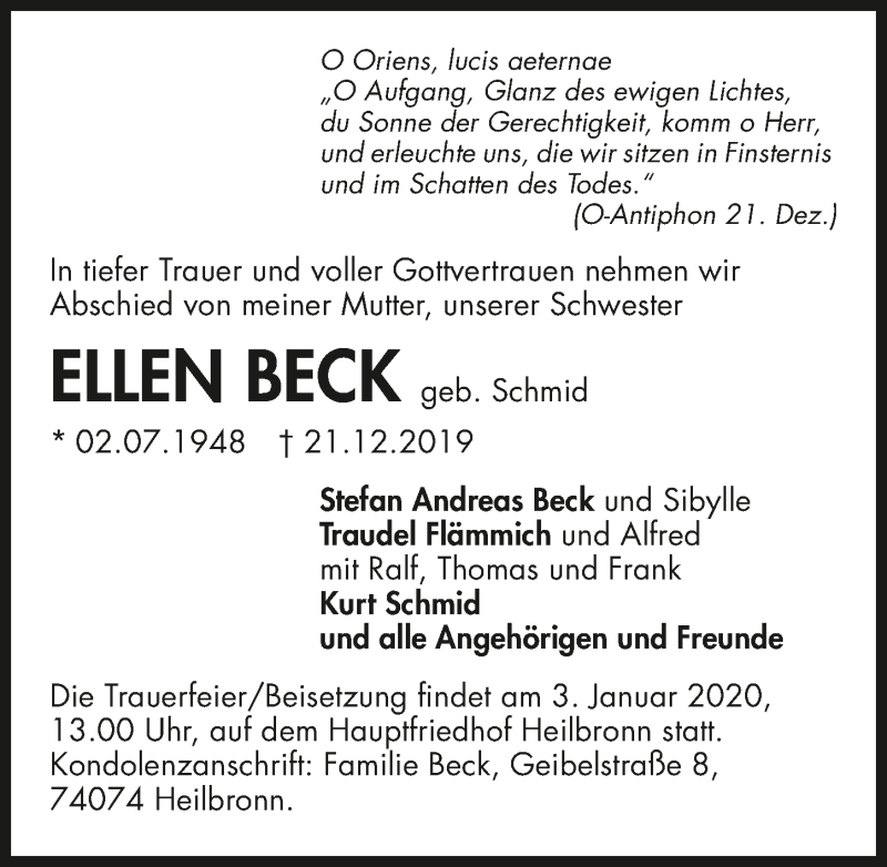  Traueranzeige für Ellen Beck vom 28.12.2019 aus 