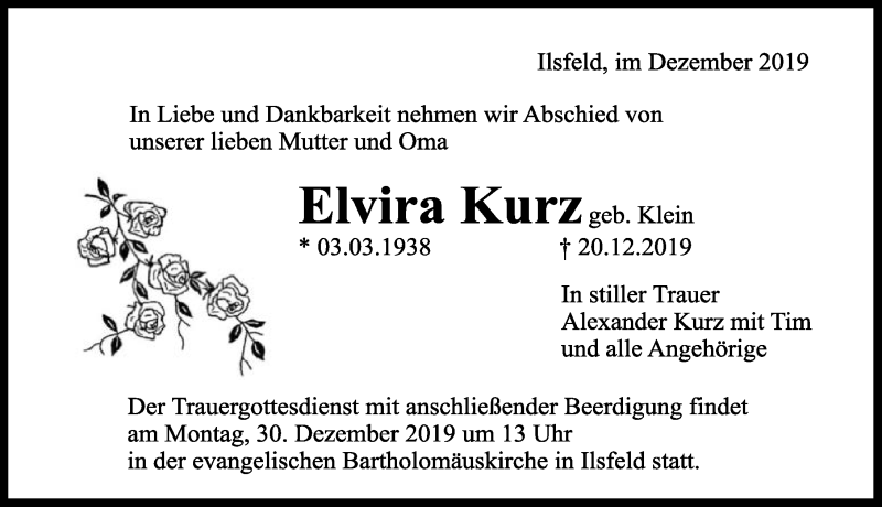  Traueranzeige für Elvira Kurz vom 24.12.2019 aus 