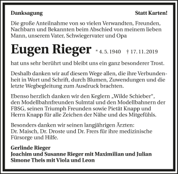 Traueranzeige von Eugen Rieger 