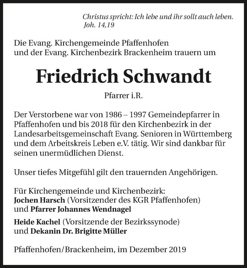  Traueranzeige für Friedrich Schwandt vom 21.12.2019 aus 