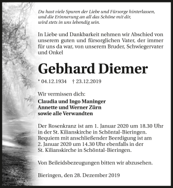 Traueranzeige von Gebhard Diemer 