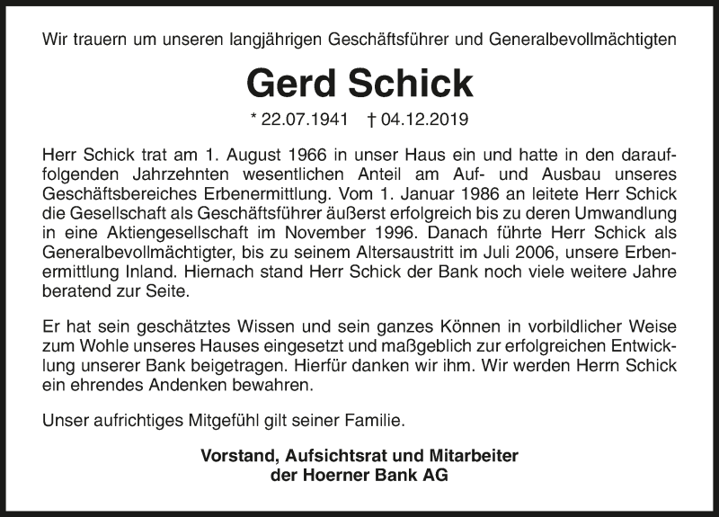  Traueranzeige für Gerd Schick vom 14.12.2019 aus 