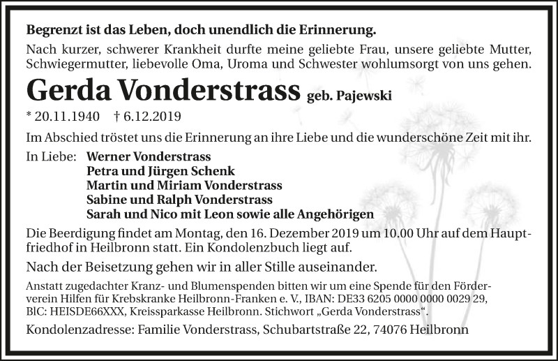  Traueranzeige für Gerda Vonderstrass vom 11.12.2019 aus 