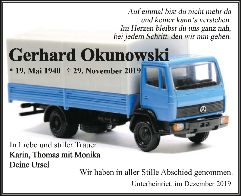  Traueranzeige für Gerhard Okunowski vom 07.12.2019 aus 